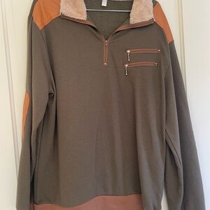 Men's Olive Brown Quarter-Zip Pullover Sweater with Sherpa Collar